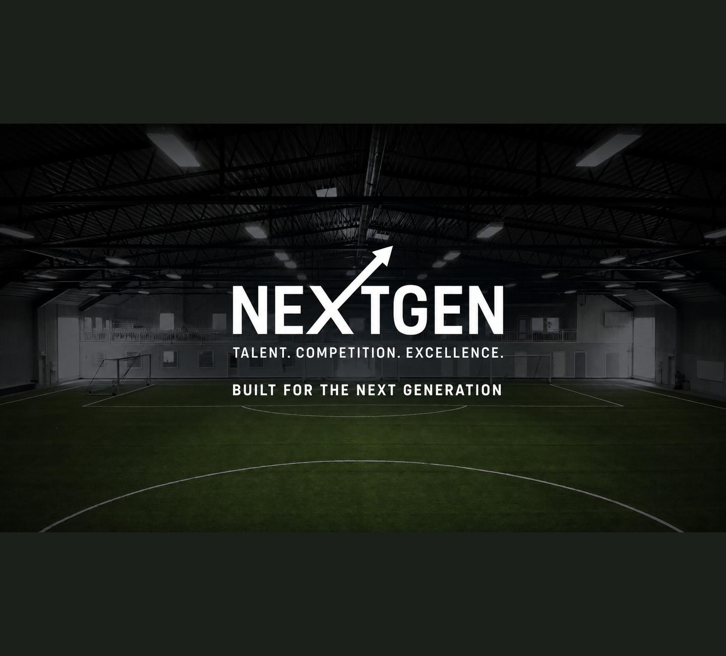 Nextgens inomhusarena med konstgräsplan och mål, med texten Nextgen — talent, competition, excellence — built for the next generation