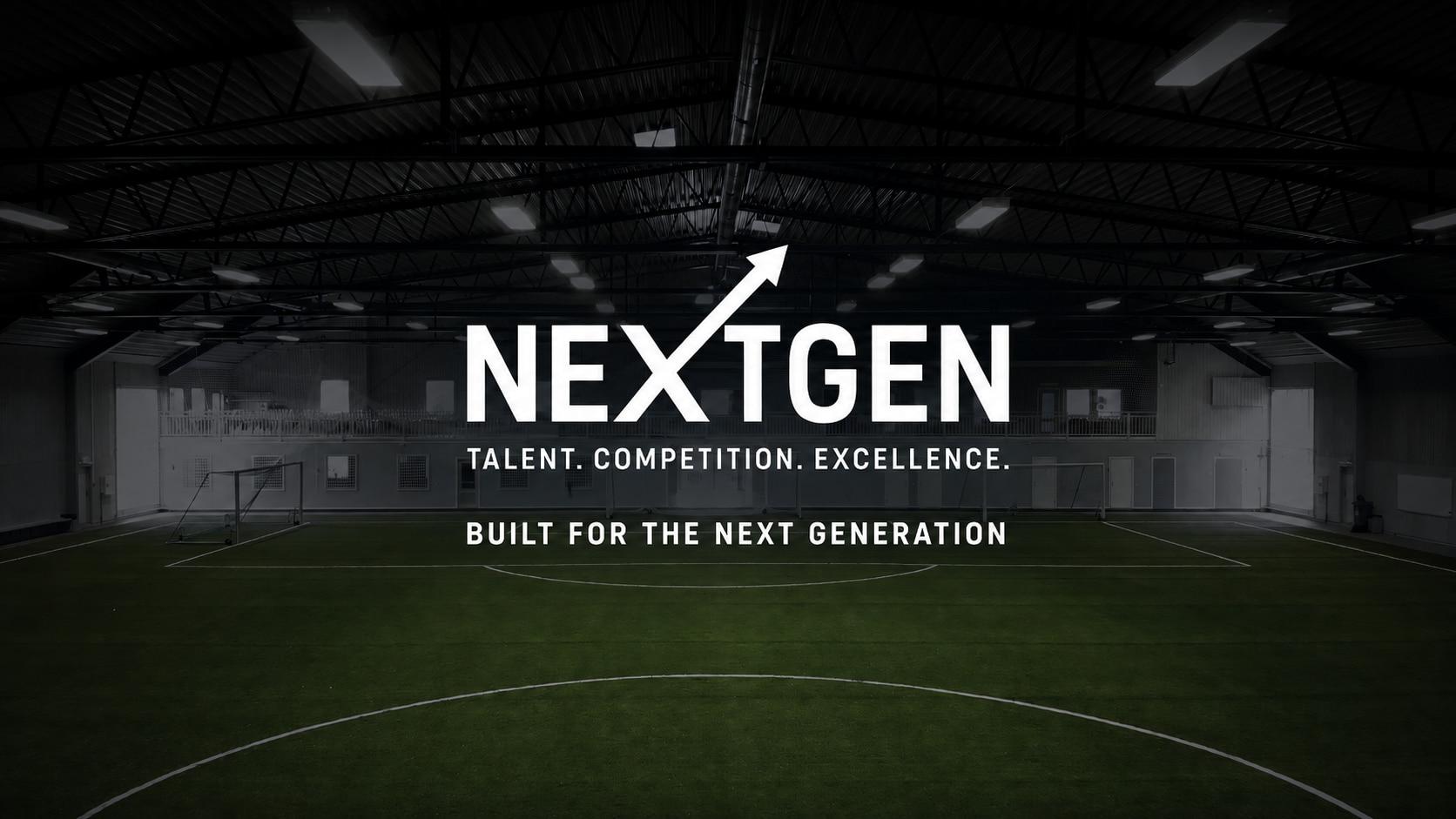 Nextgens inomhusarena med konstgräsplan och mål, med texten Nextgen — talent, competition, excellence — built for the next generation